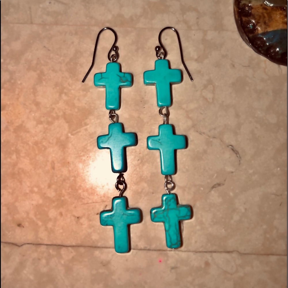 TURQUOISE CROSS EARRINGS 3 TIERED on SILVER WIRES - Picture 2 of 2